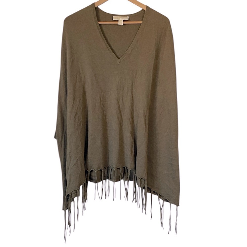 Michael Kors Womens Poncho V-Neck Pullover Sweater Fringe Size S/M green